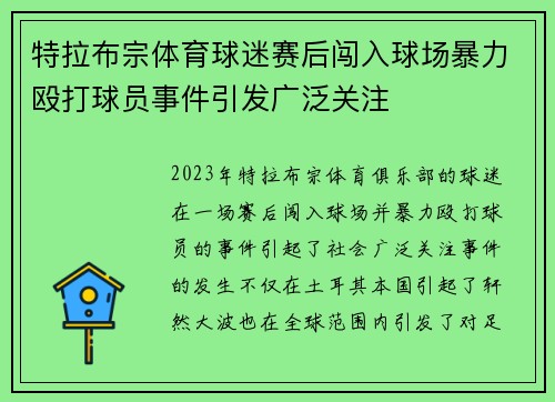 特拉布宗体育球迷赛后闯入球场暴力殴打球员事件引发广泛关注