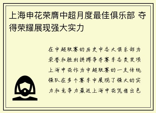 上海申花荣膺中超月度最佳俱乐部 夺得荣耀展现强大实力