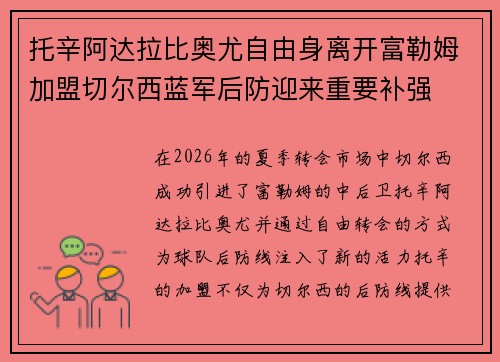 托辛阿达拉比奥尤自由身离开富勒姆加盟切尔西蓝军后防迎来重要补强